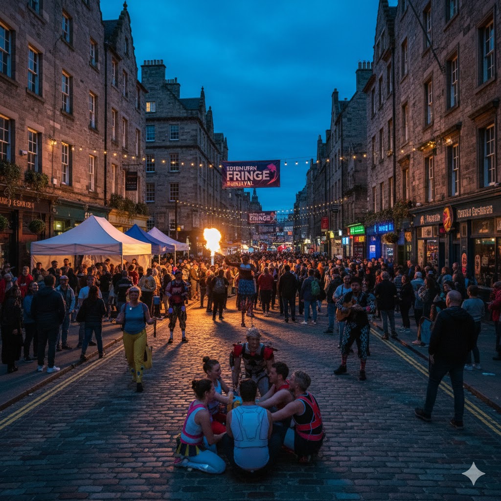 Street performers and audience along Edinburgh Royal Mile during Fringe Festival 2026