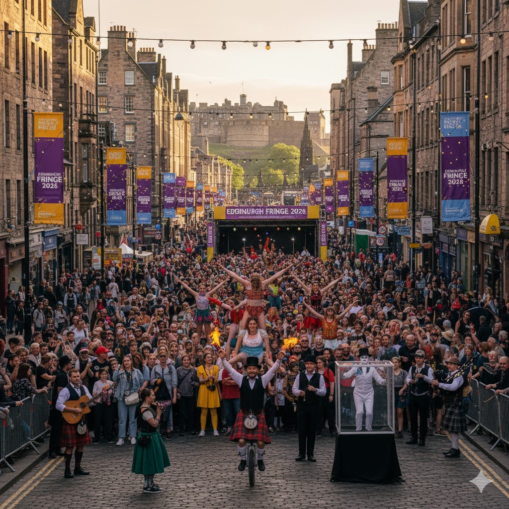 Street performers and crowds along Royal Mile during Edinburgh Festival Fringe 2026 Scotland.