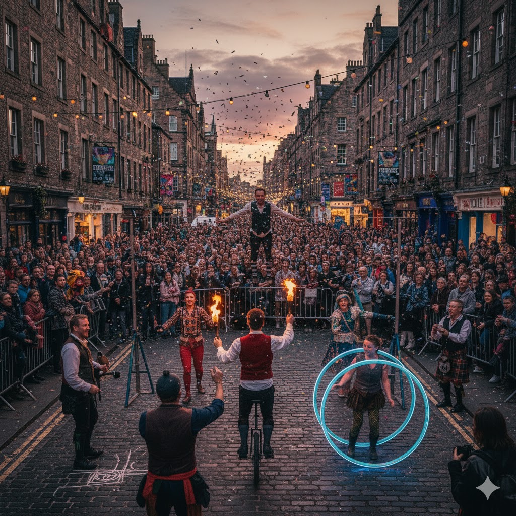 Street performers and crowds in Edinburgh during Fringe Festival 2026 summer