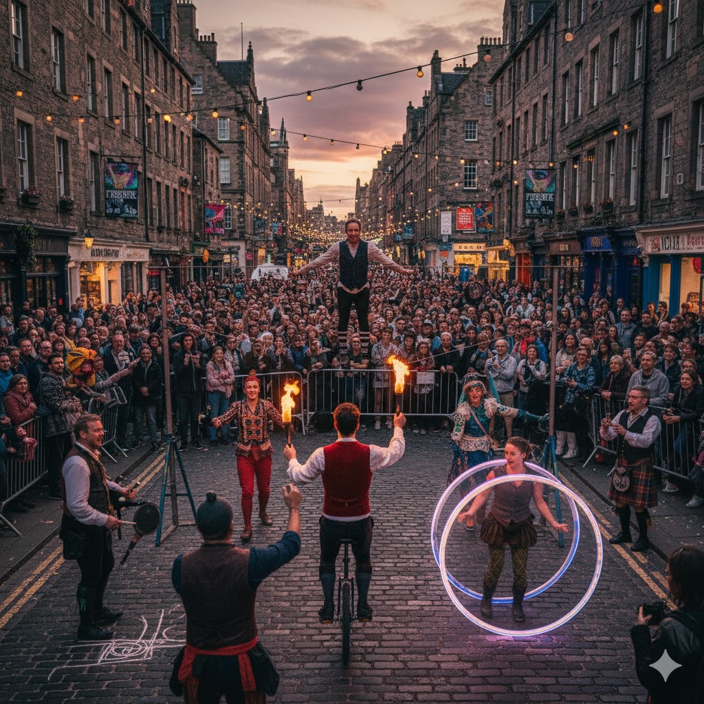 Street performers entertaining crowds at Edinburgh Fringe Festival