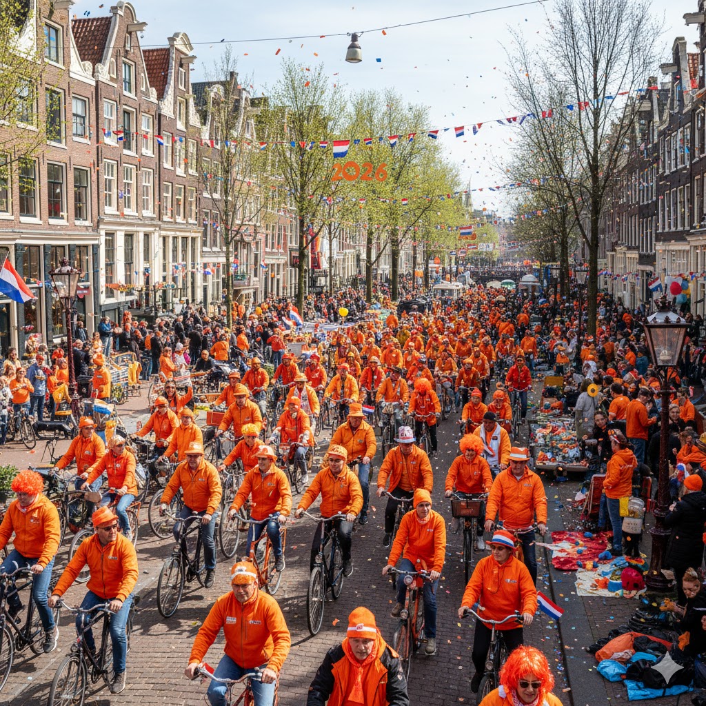 Streets of Amsterdam filled with orange decorations and cyclists for King’s Day