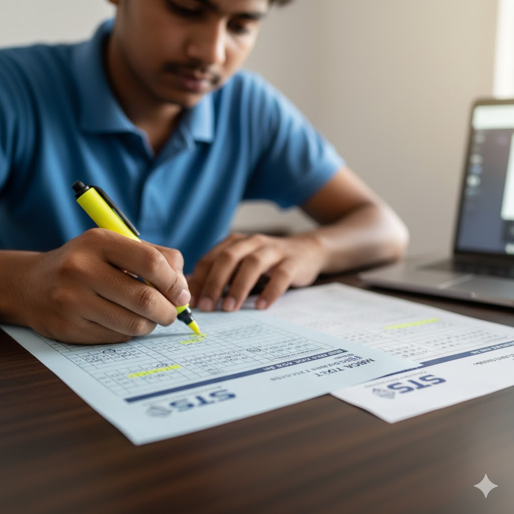 Student highlighting answers on an MDCAT carbon copy sheet using the official STS key. 