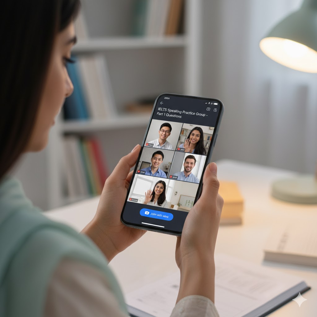 Student joining IELTS speaking practice group via smartphone 2025