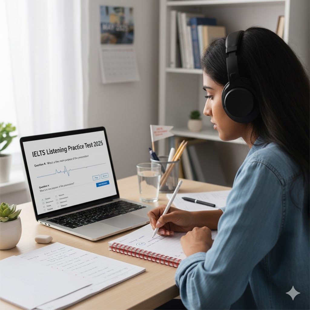 Student practicing IELTS listening section using headphones 2025.