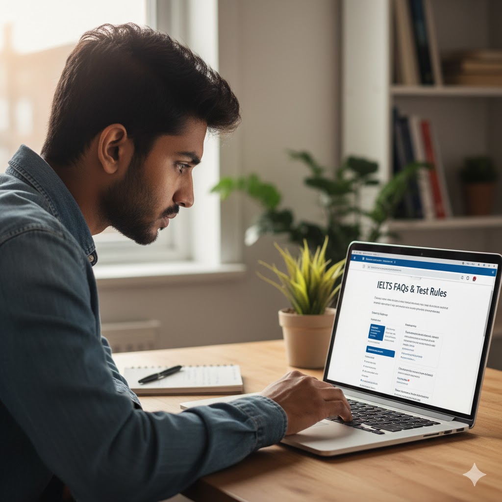 Student reading IELTS FAQs and test rules before booking exam date online