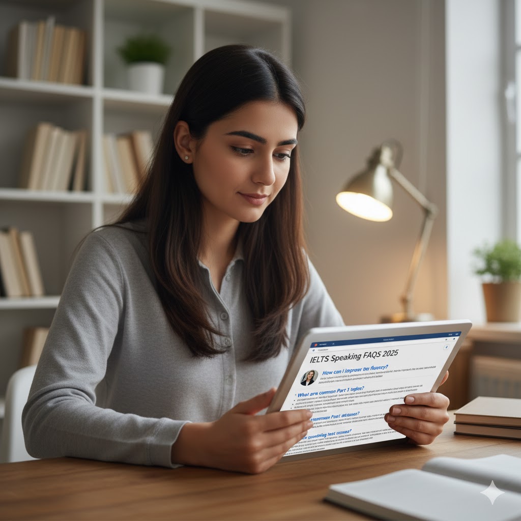 Student reading IELTS speaking FAQs online 2025