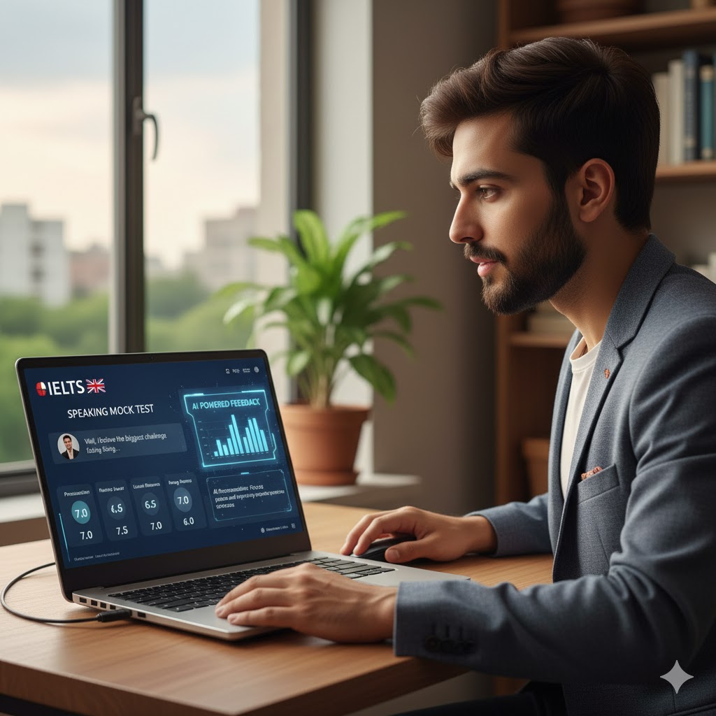 Student taking IELTS mock test on laptop with AI feedback – Pakistan 2025