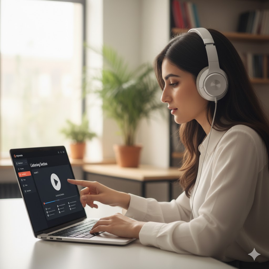 Student using headphones to practice IELTS listening section via Engnovate’s platform