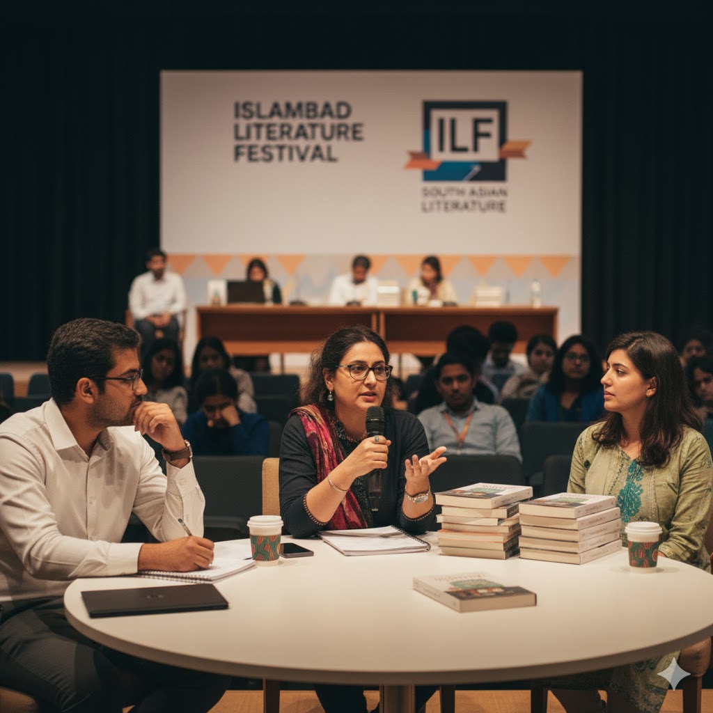 Students and authors discussing literature during Islamabad Literature Festival.
