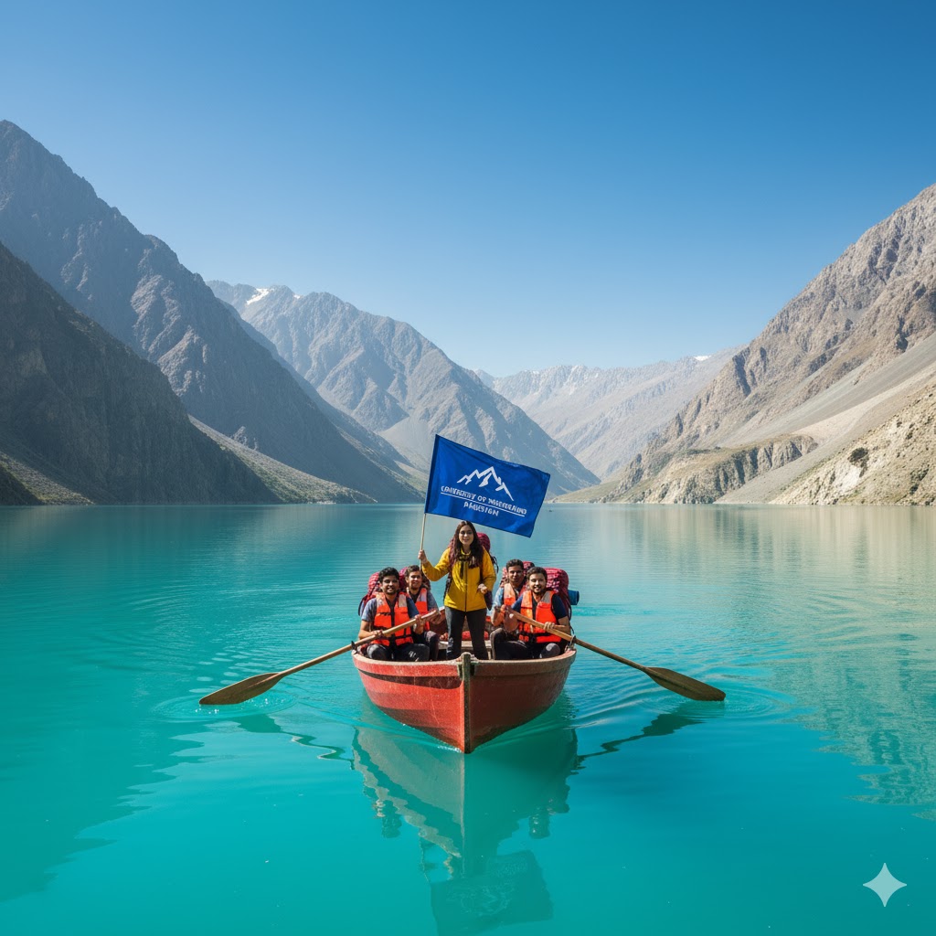 Students boating on Attabad Lake during Life in the Mountains Pakistan 2026.