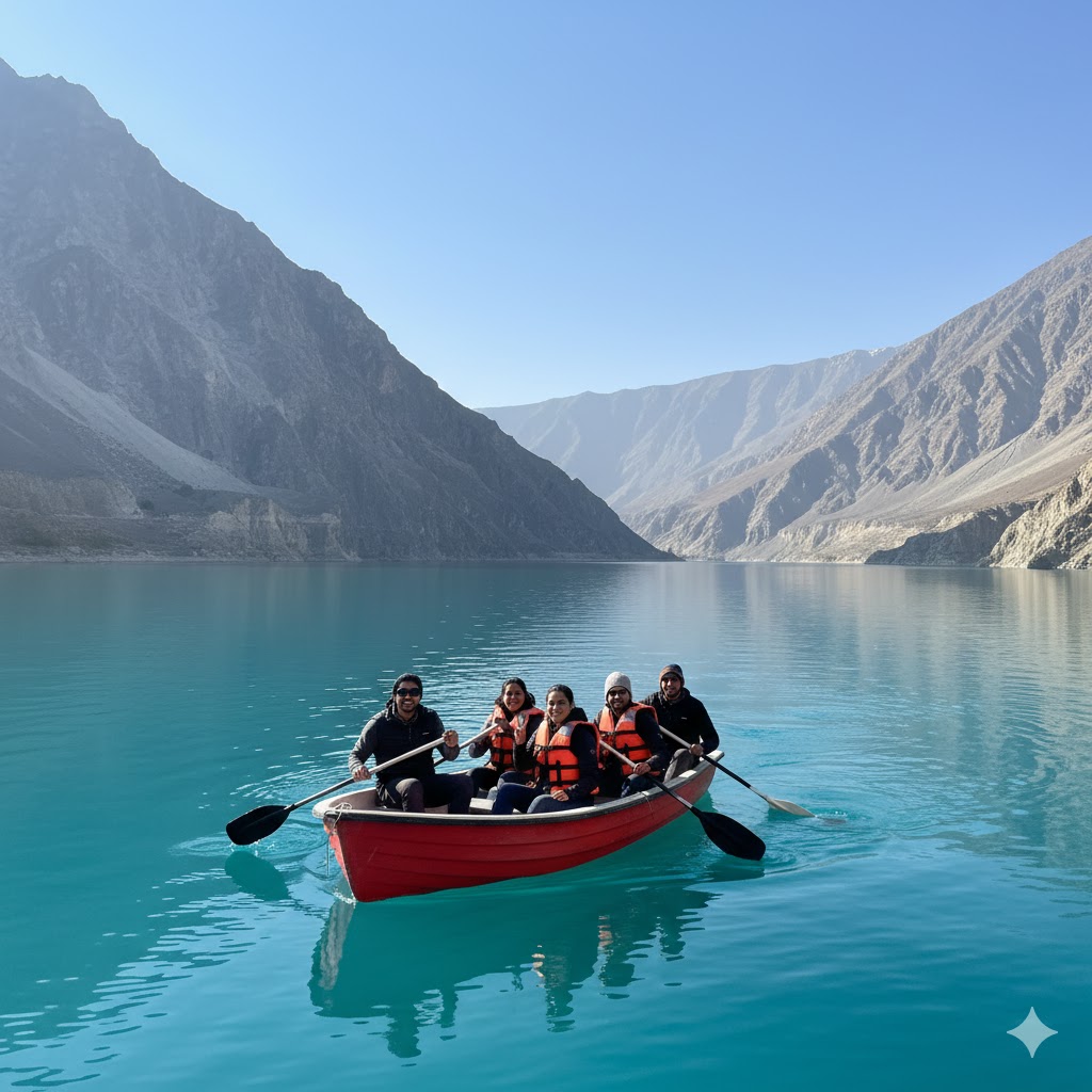 Students boating on bright blue Attabad Lake surrounded by rocky cliffs