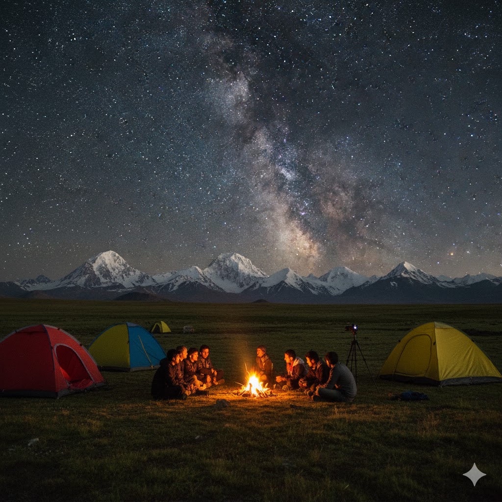Students camping in Deosai Plains under a sky full of stars with mountains in the distance