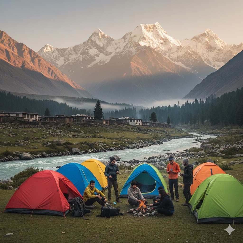 Students camping near a remote Bashu Valley village with mountains in the background.