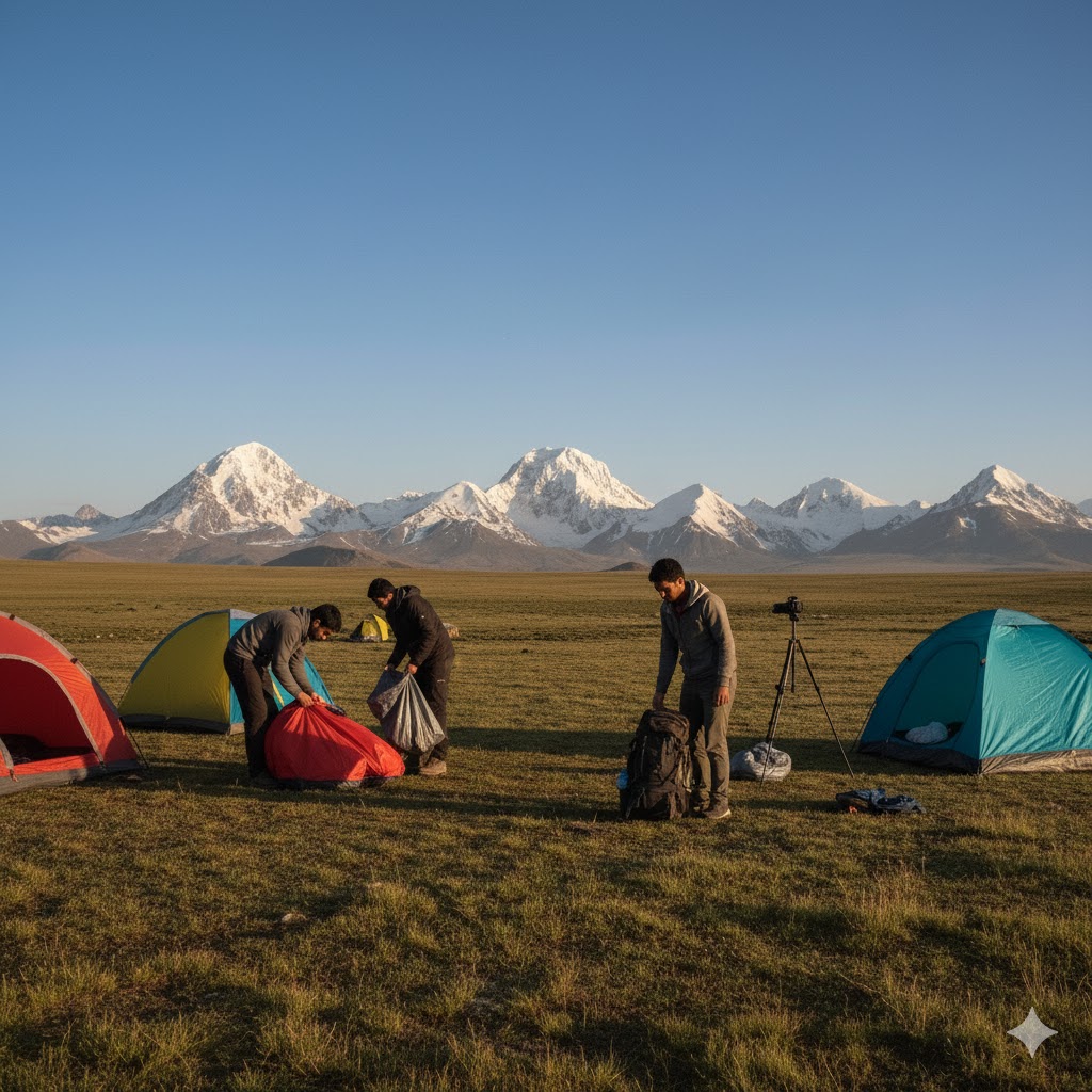 Students cleaning campsite in Deosai Plains, Skardu Valley