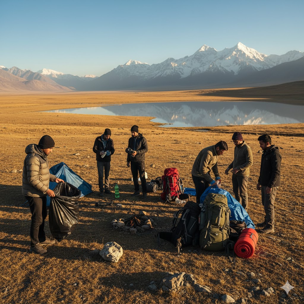 Students cleaning campsite in Deosai Plains, Skardu Valley.