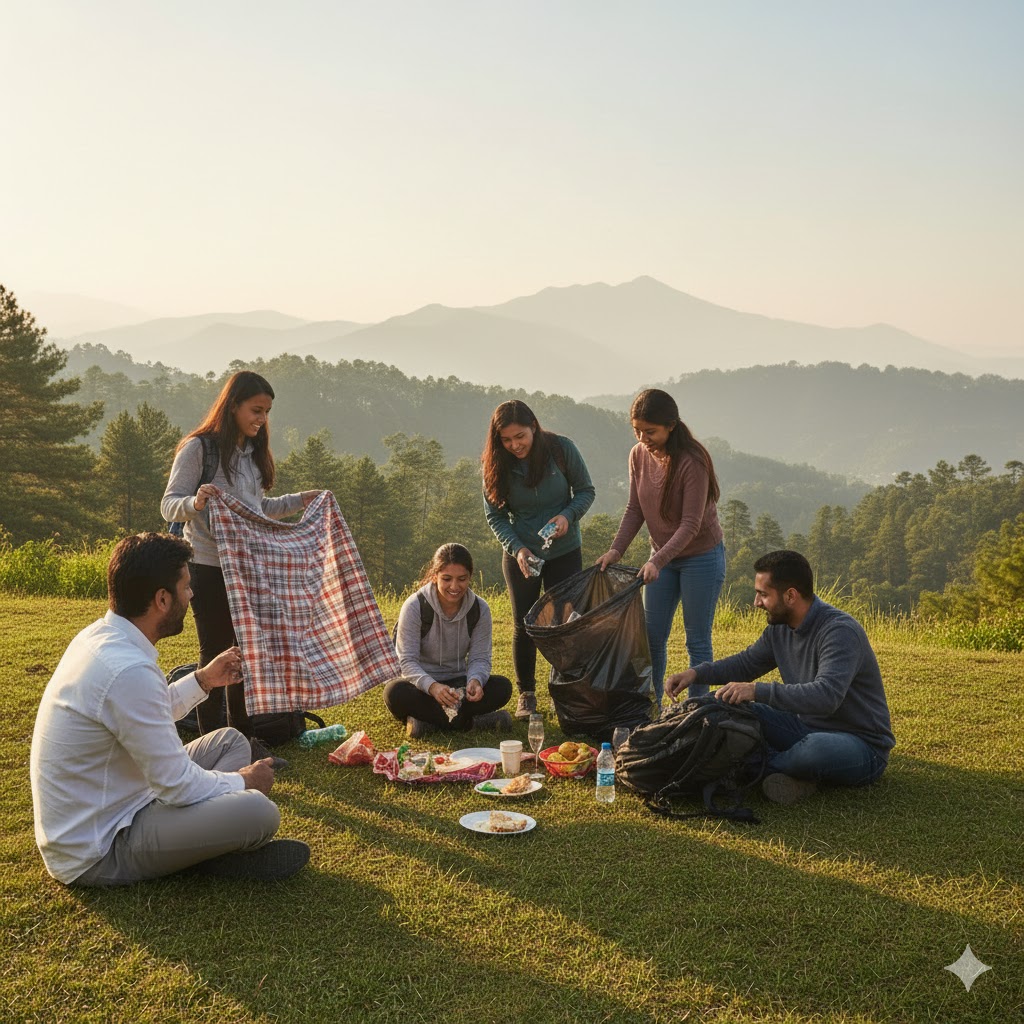 Students cleaning up after a picnic near Murree hills