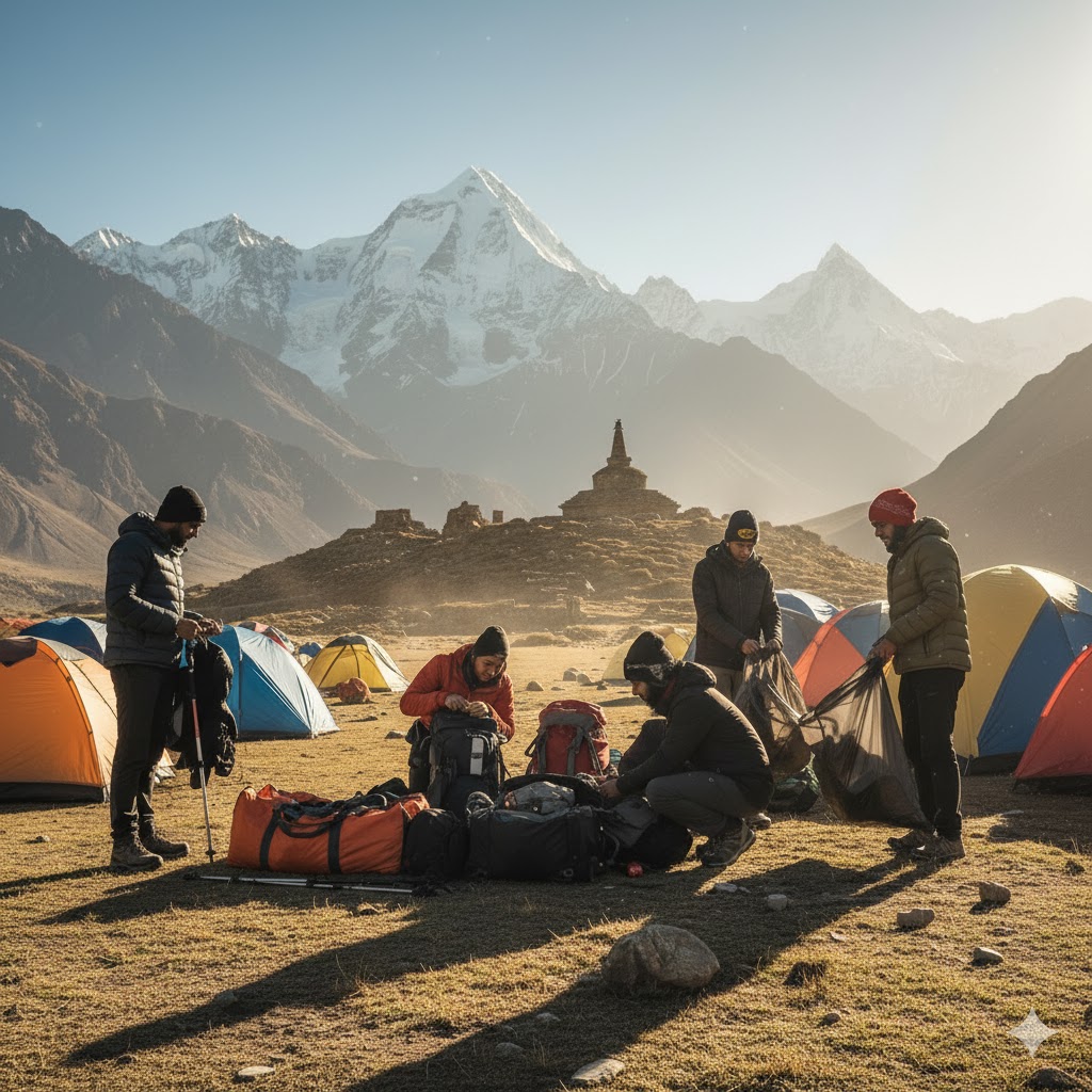 Students cleaning up after camping near Buddhist heritage sites in Northern Pakistan