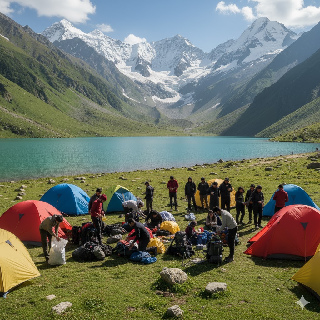 Students cleaning up after camping near Hidden Lakes of Northern Pakistan