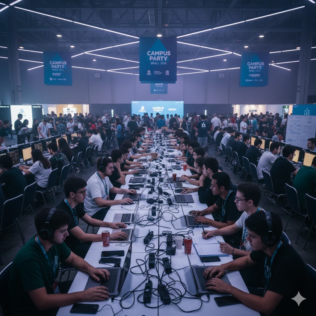 Students coding and brainstorming at Campus Party Brazil.