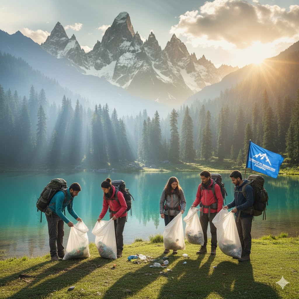 Students collecting trash after camping during Life in the Mountains Pakistan 2026