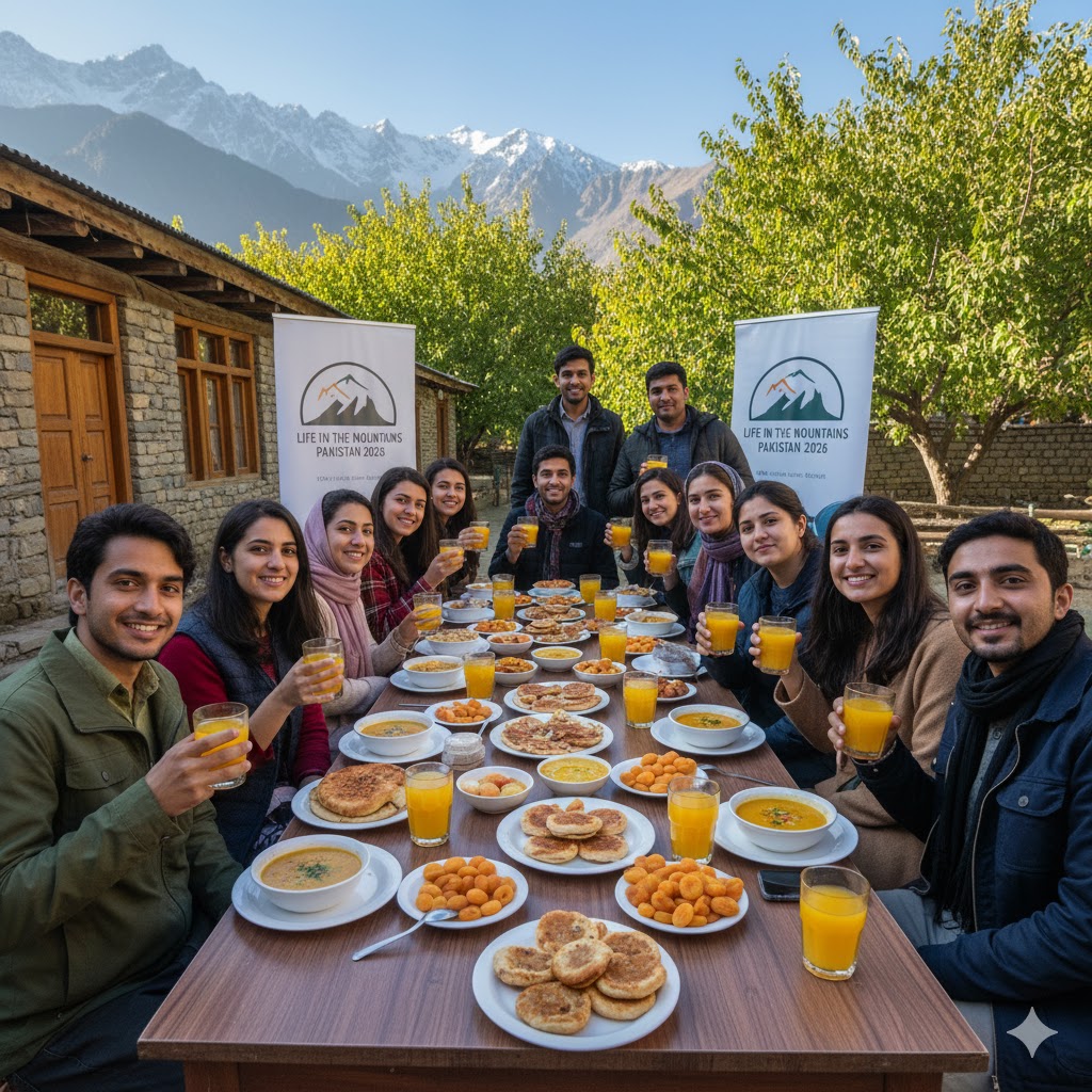 Students enjoying apricot juice and local food during Life in the Mountains Pakistan 2026