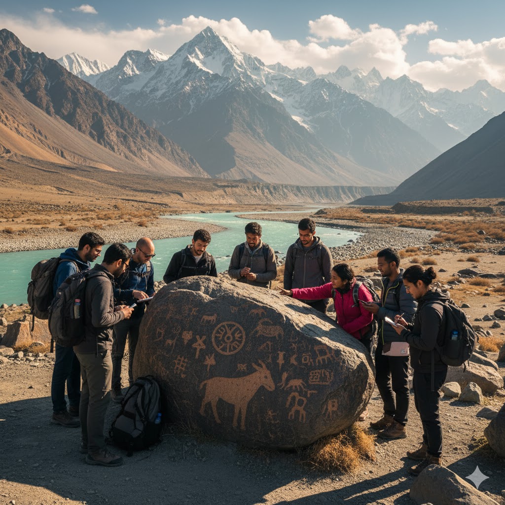 Students exploring Chilas rock carvings with mountains in the background.