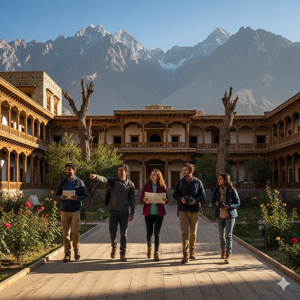 Students exploring Shigar Fort courtyard with mountains in the background