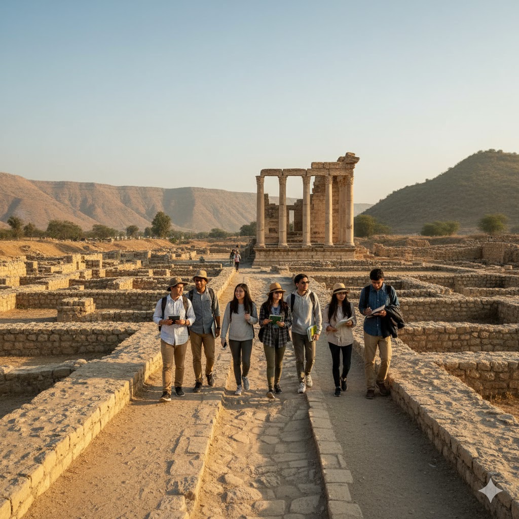 Students exploring the ruins of Sirkap in Taxila, Pakistan.