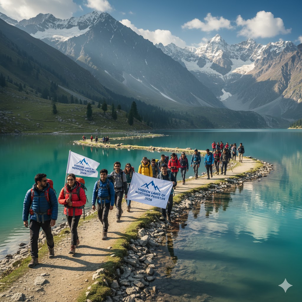 Students hiking along Lulusar Lake during Hidden Lakes of Northern Pakistan 2026 adventure. 