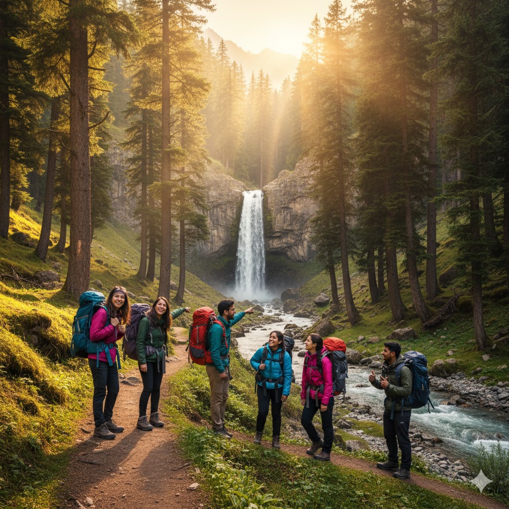 Students hiking toward Montokha Waterfall surrounded by pine trees in Shigar Valley.