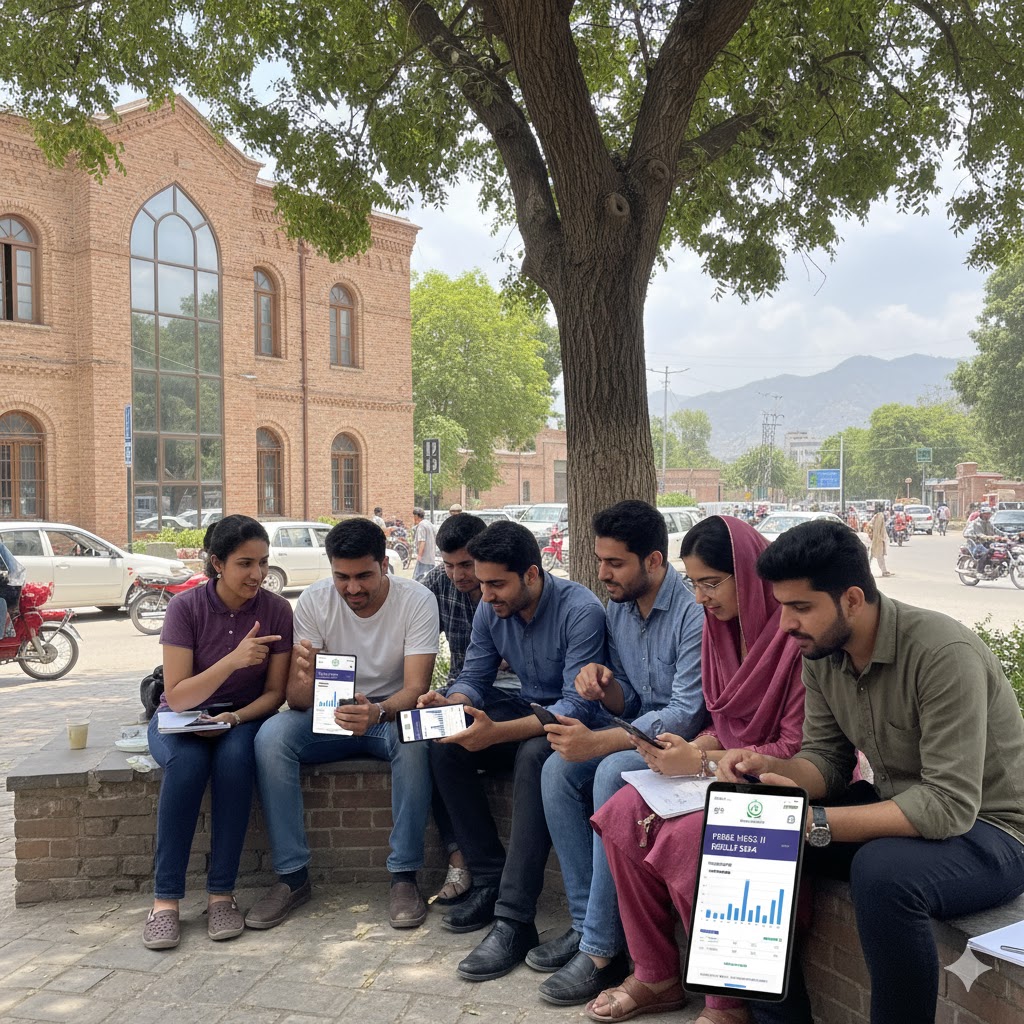 Students in Islamabad viewing FBISE result portal on mobile devices
