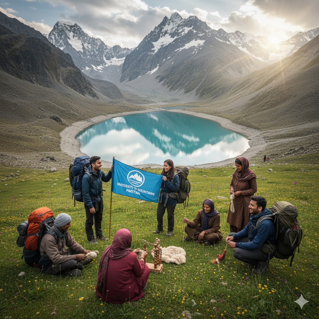 Students interacting with local villagers near Ratti Gali Lake during Hidden Lakes of Northern Pakistan 2026