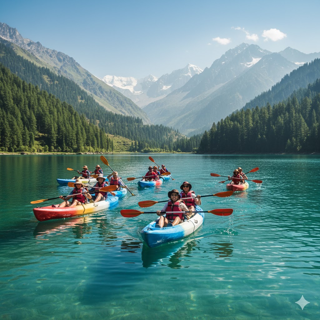Students kayaking on Upper Kachura Lake, Skardu Valley, surrounded by pine hills