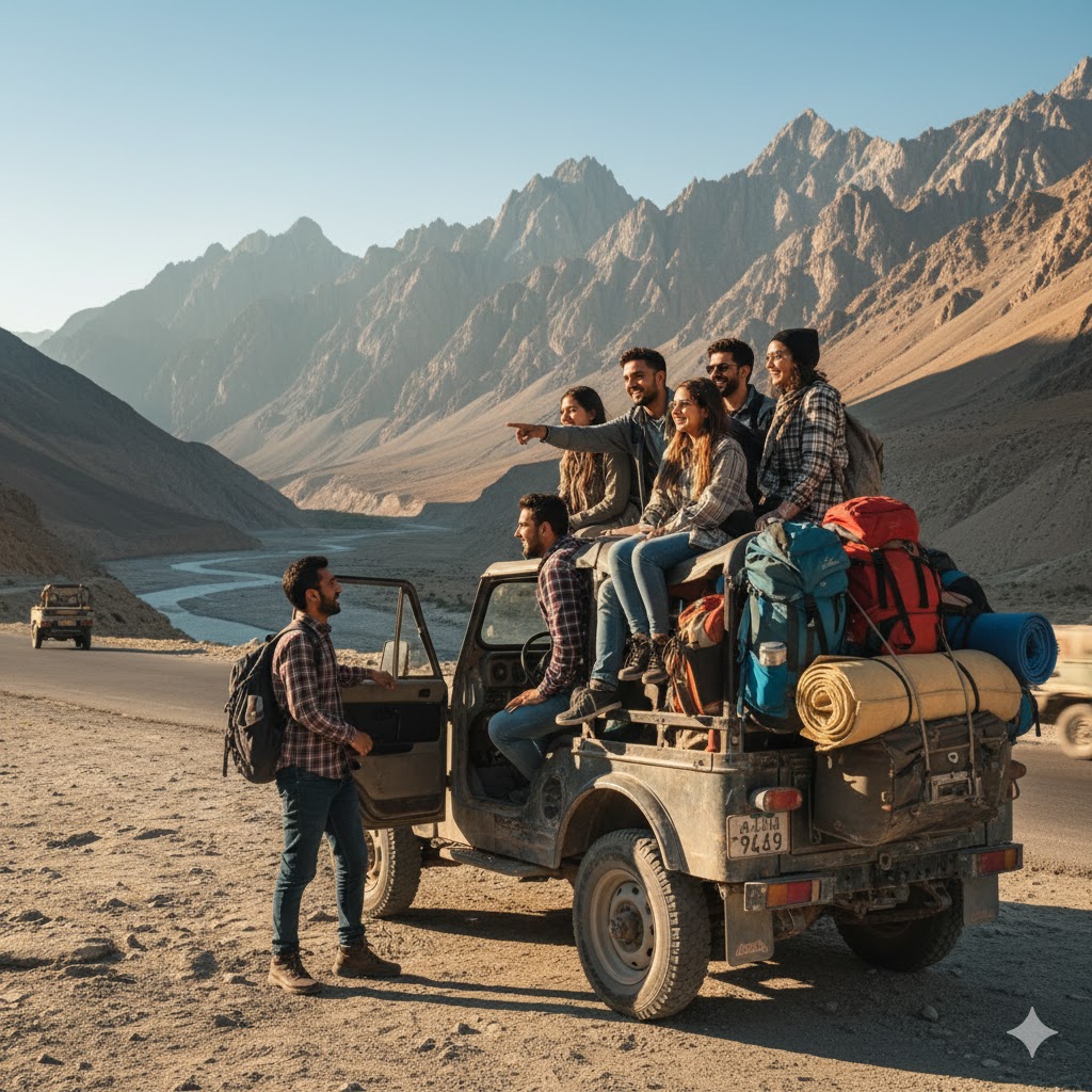 Students kayaking on Upper Kachura Lake, Skardu Valley, surrounded by pine hills.
