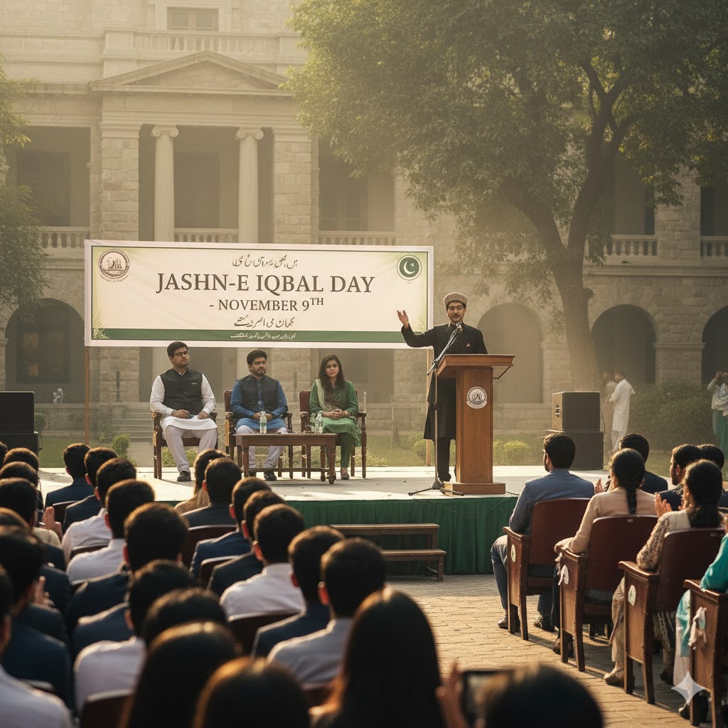 Students performing poetry at Iqbal Day event