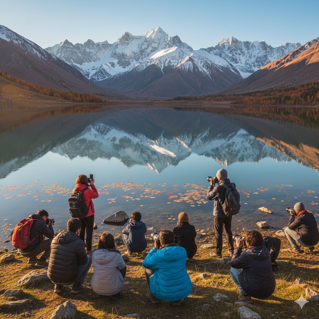 Students photographing Sheosar Lake reflecting mountains in Skardu Valley