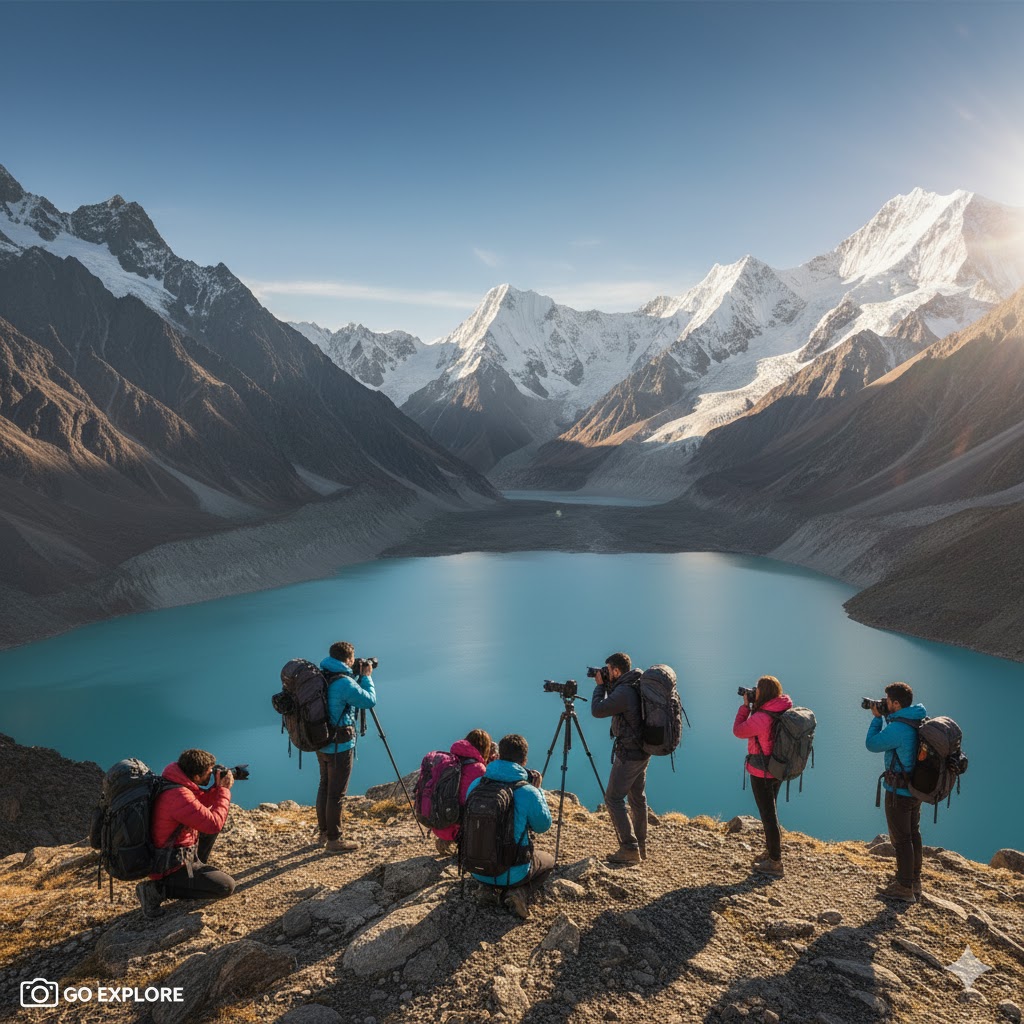 Students photographing a remote turquoise glacial lake in Hushe Valley.