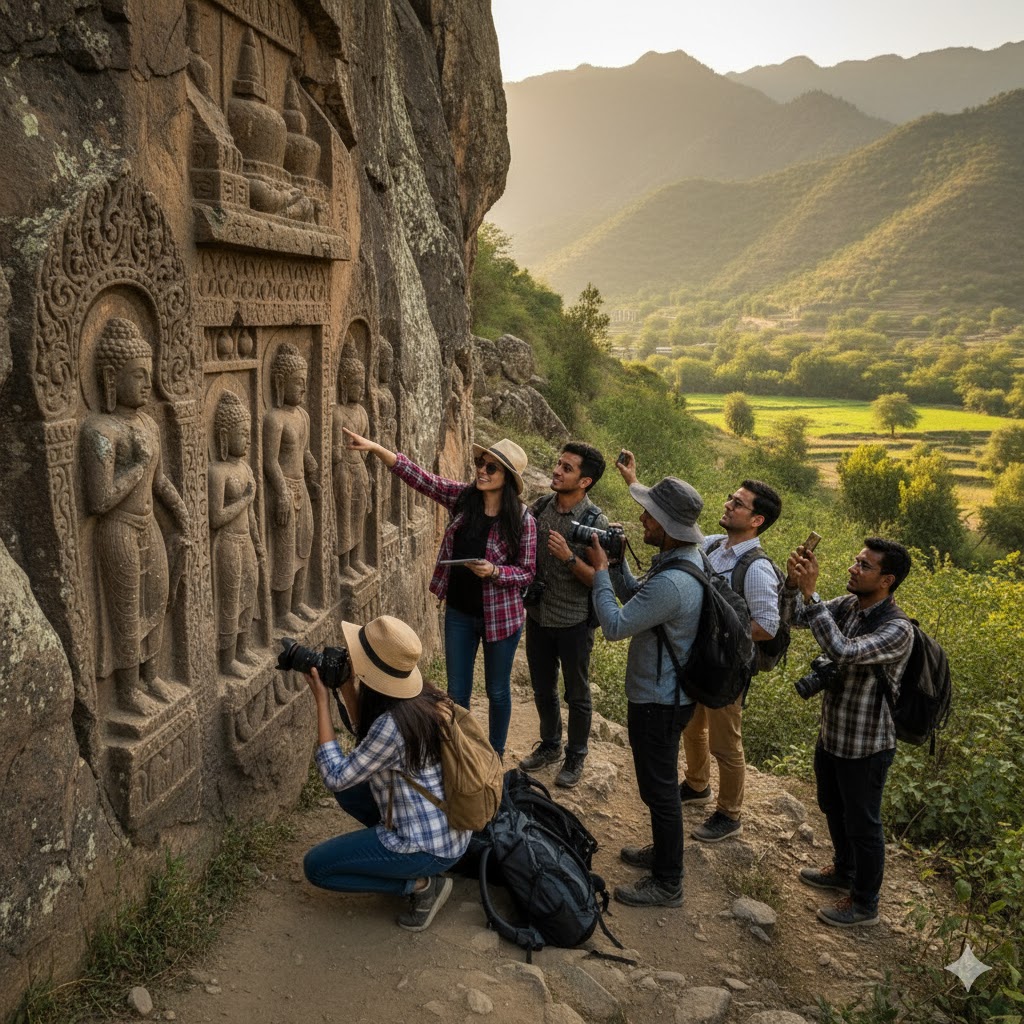 Students photographing ancient Buddhist carvings in Dir Valley, Pakistan