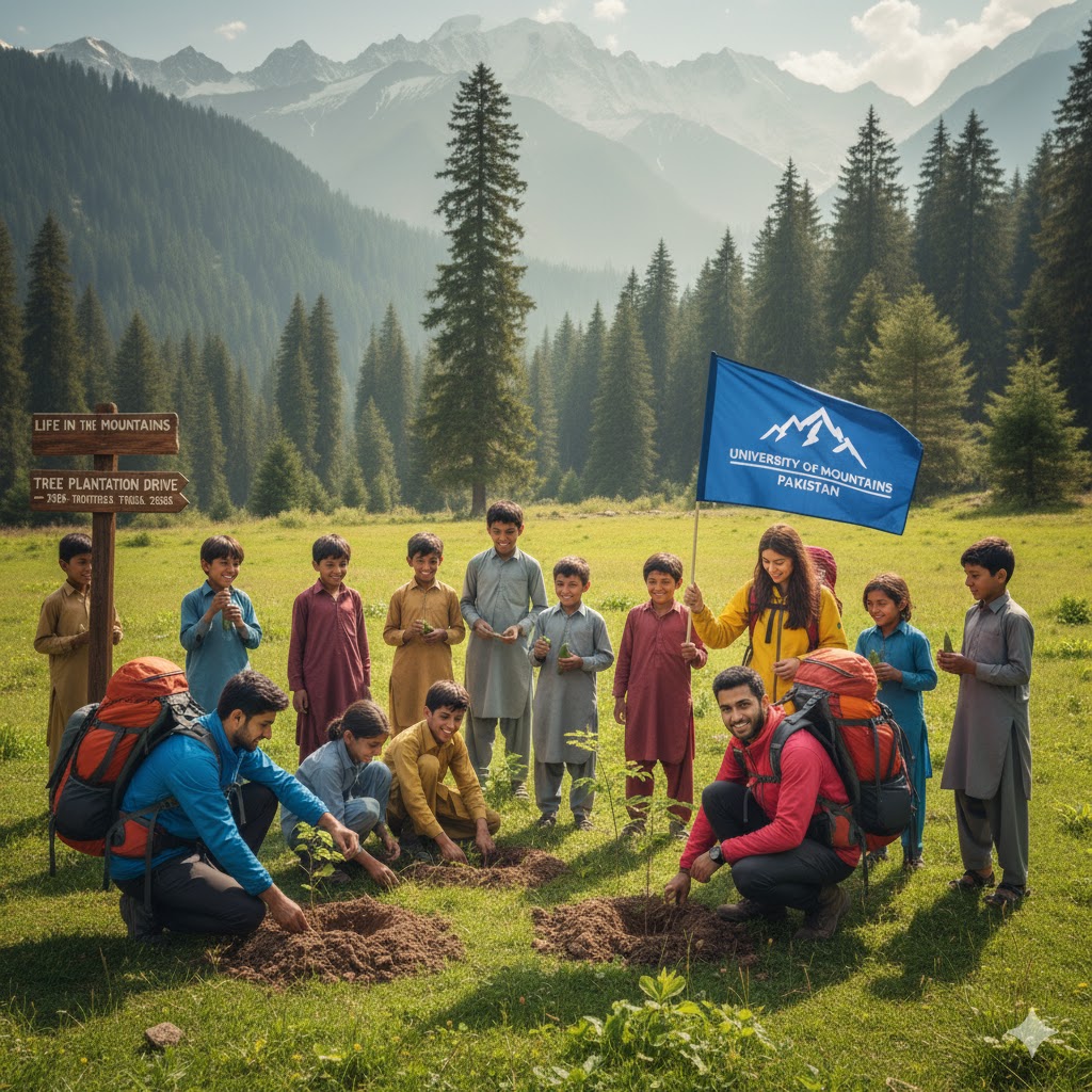Students planting saplings with schoolchildren in Neelum Valley during Life in the Mountains Pakistan 2026