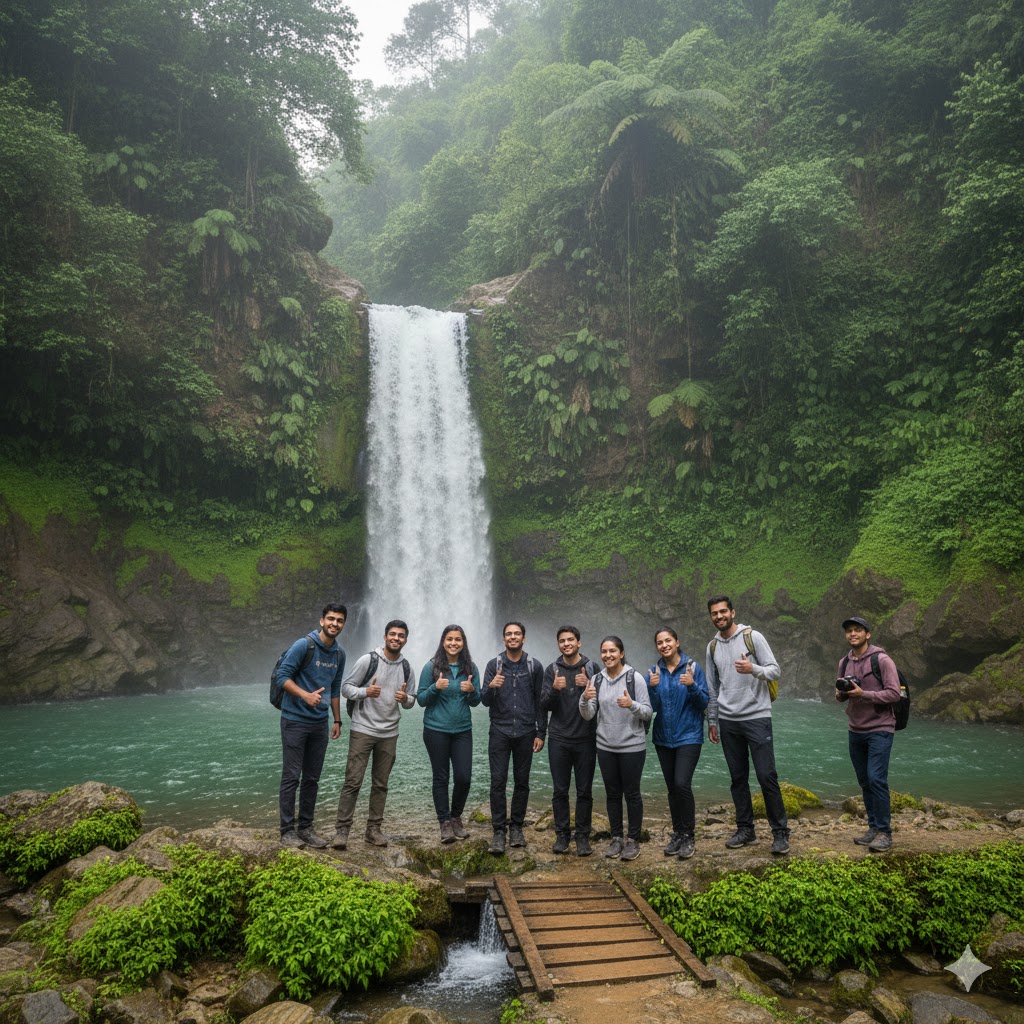 Students posing near a waterfall in Kahuta Hills near Islamabad