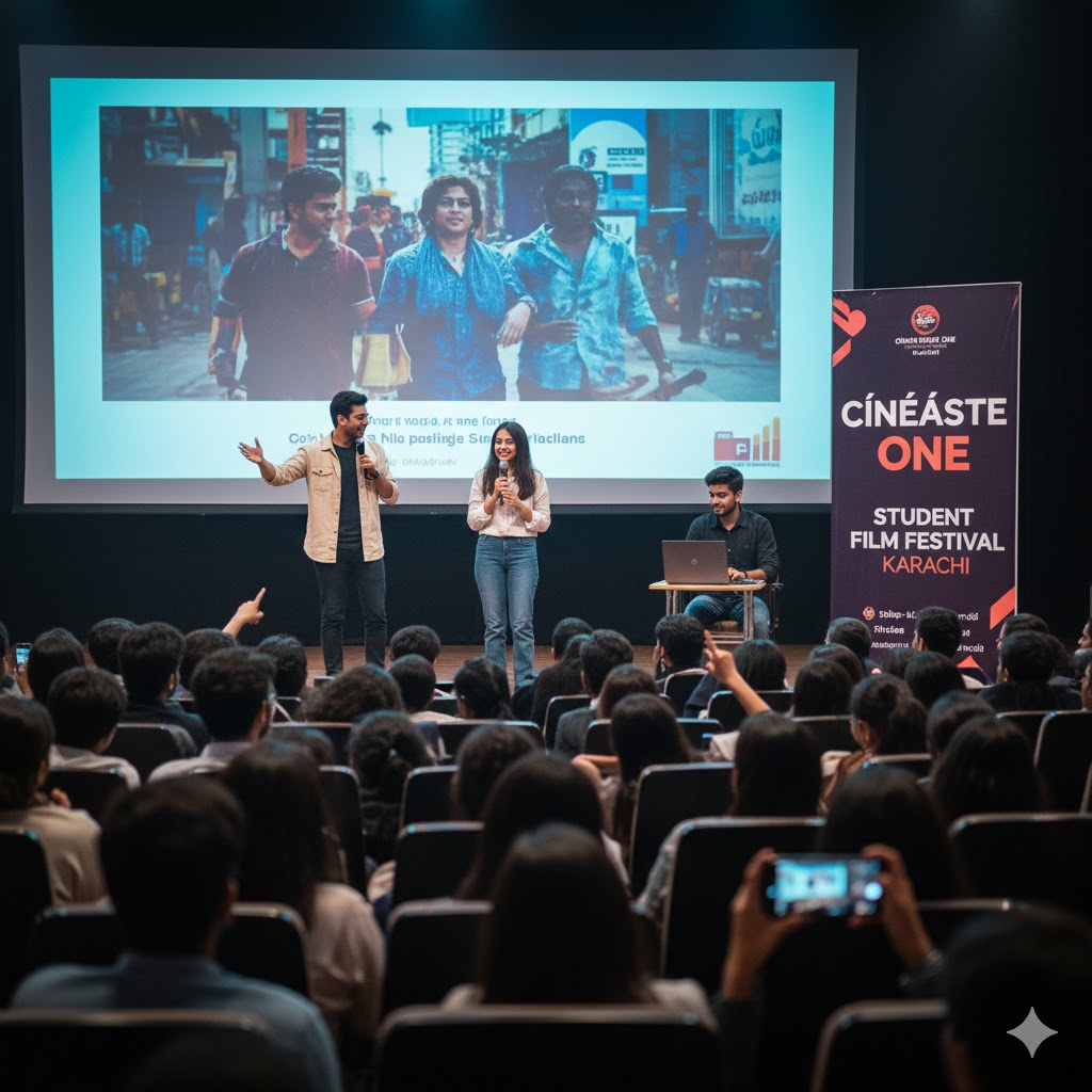 Students presenting short films at Cinéaste One Student Film Festival in Karachi