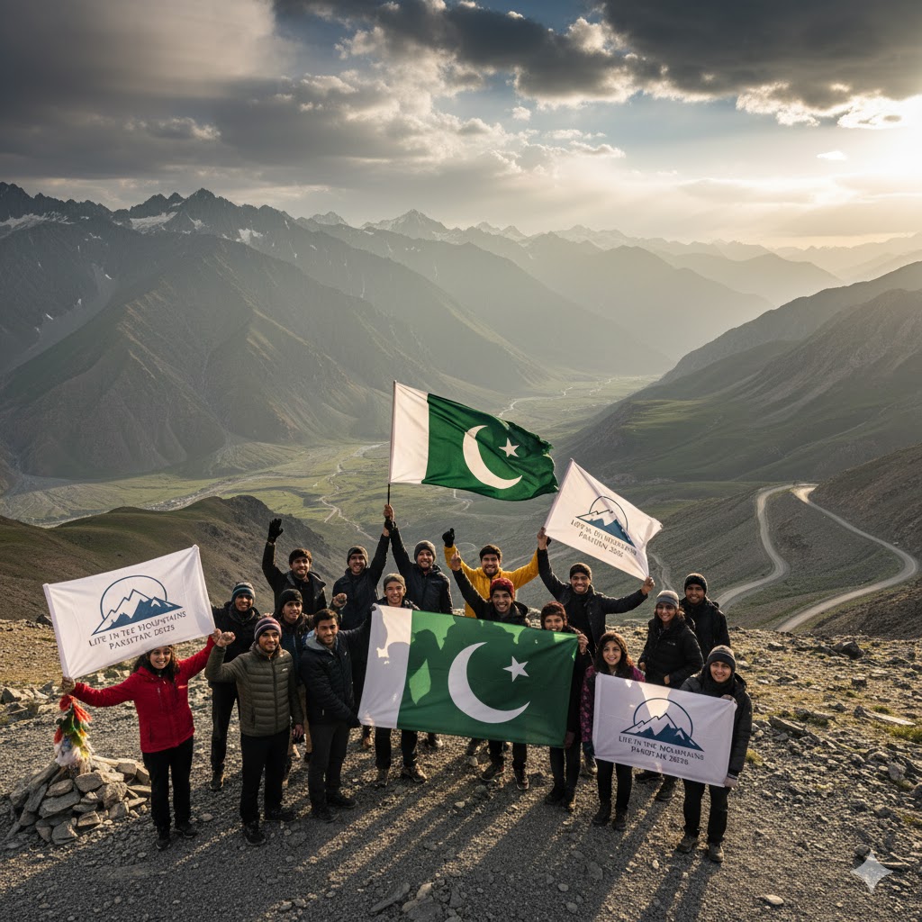 Students raising flags at Babusar Top during Life in the Mountains Pakistan 2026