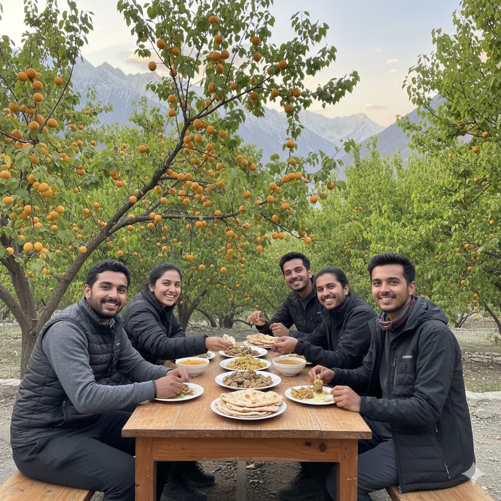 Students sharing a local meal in Hunza’s outdoor café surrounded by apricot trees