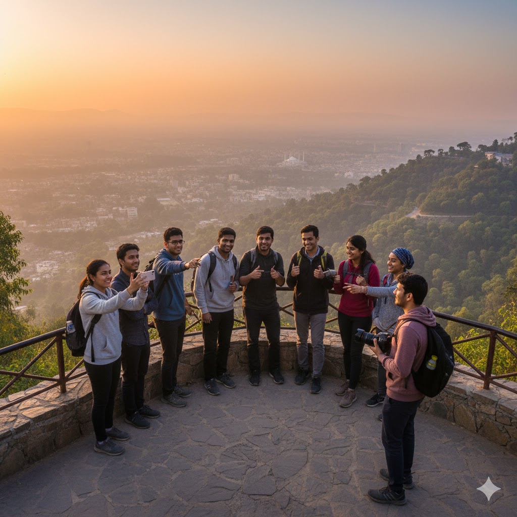 Students taking photos at Pir Sohawa viewpoint near Islamabad