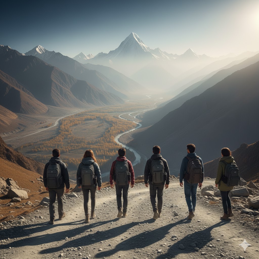 Students trekking in Hushe Valley toward Karakoram peaks.