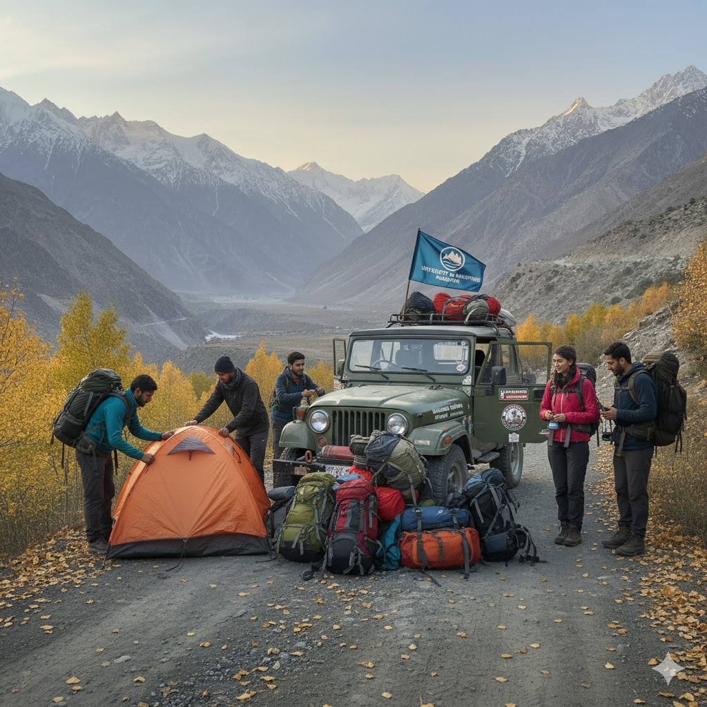 Students unpacking camping gear beside jeep during Life in the Mountains Pakistan 2026