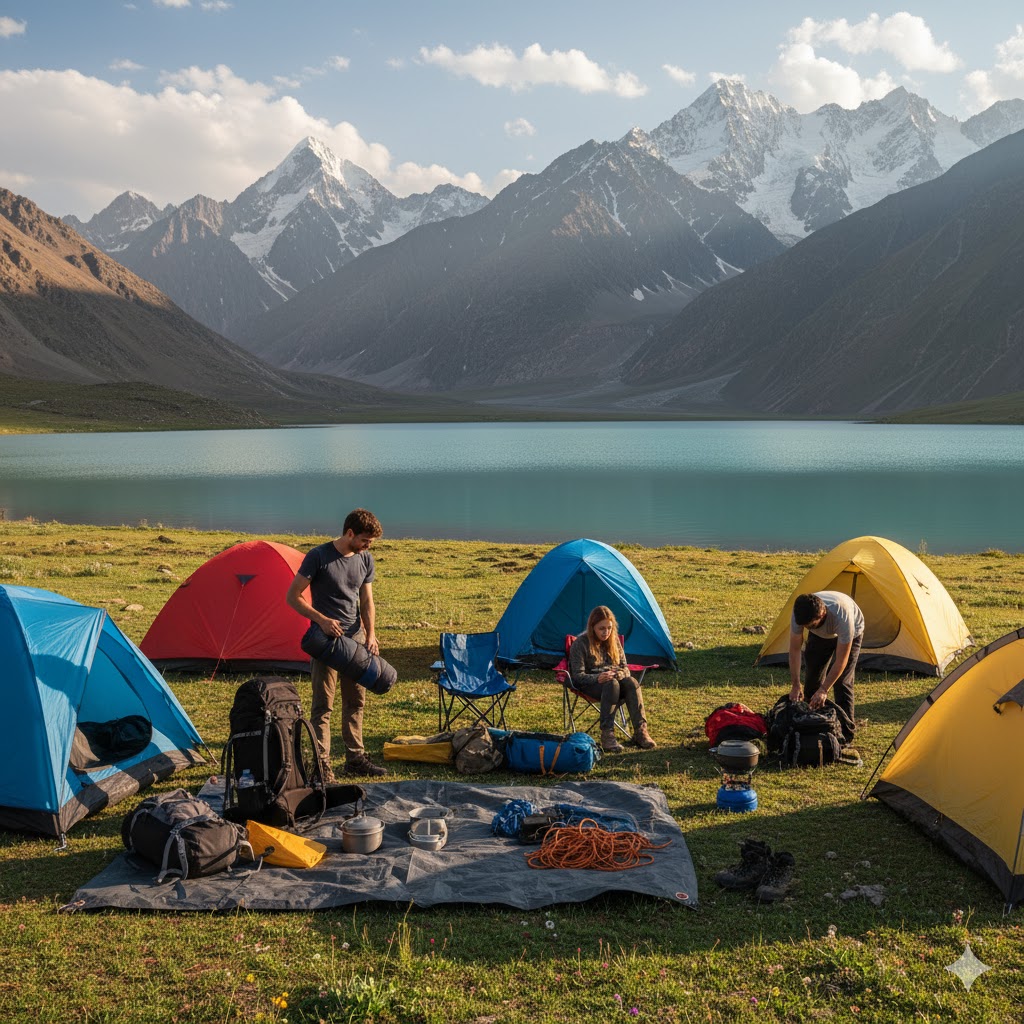 Students unpacking camping gear near a remote lake in Gilgit-Baltistan