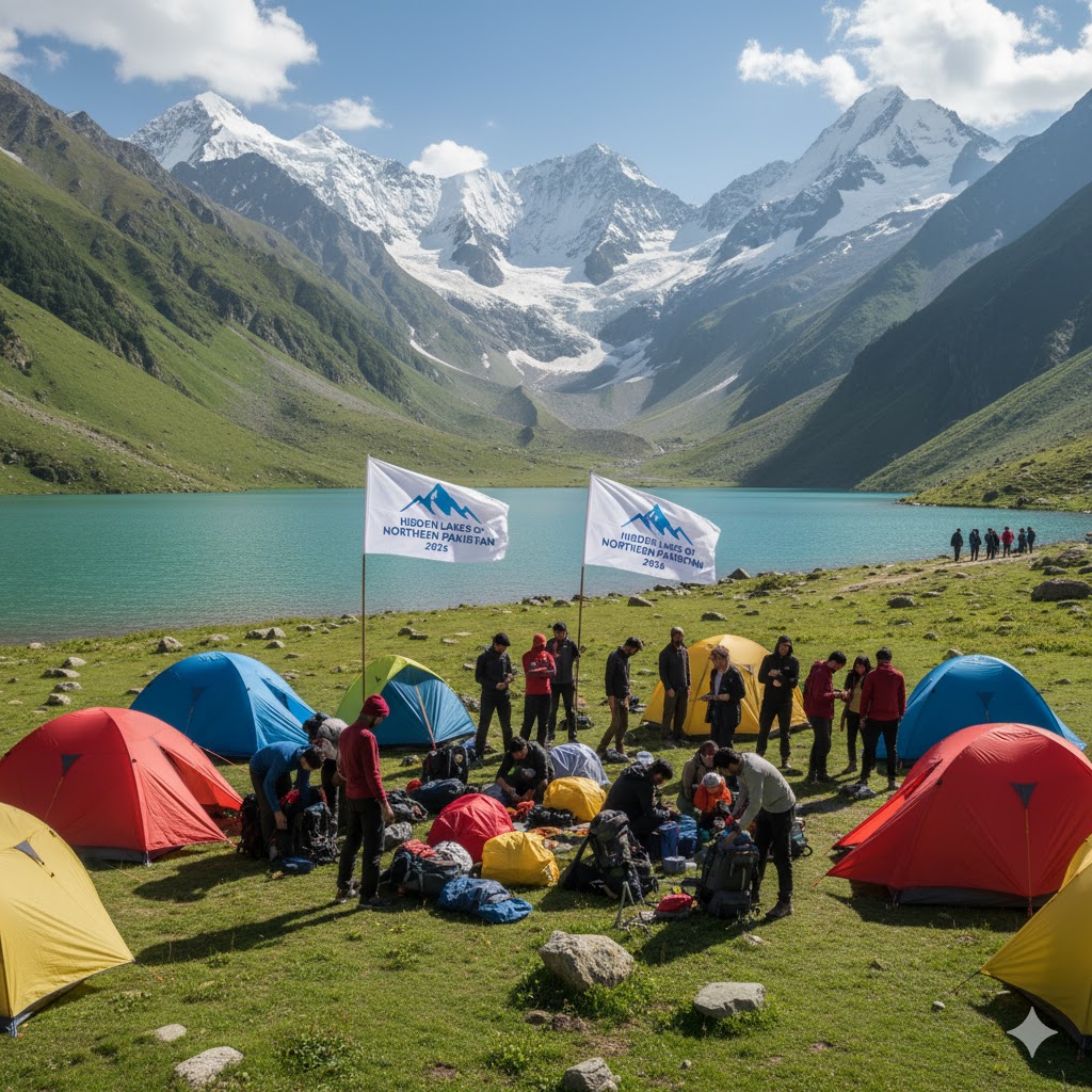Students unpacking camping gear near hidden lakes in Northern Pakistan