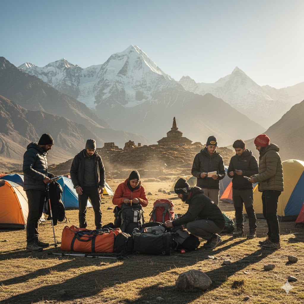 Students unpacking gear before exploring Buddhist trails in Northern Pakistan