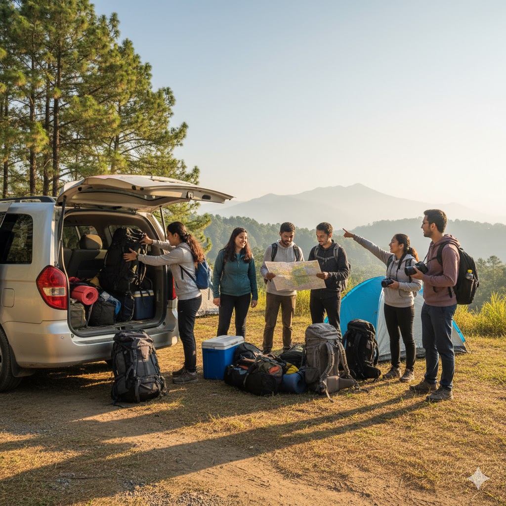 Students unpacking travel gear before exploring spots near Islamabad